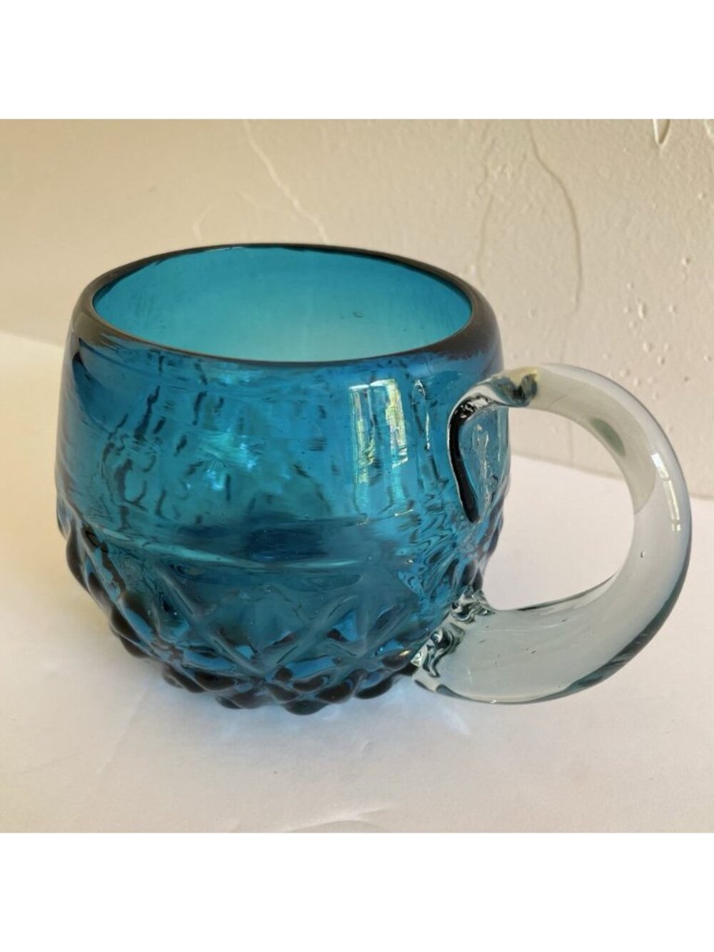 Blue Glass Hand Blown Coffee Mug Cup With Clear Glass Applied Handle 8oz - Picture 2 of 10
